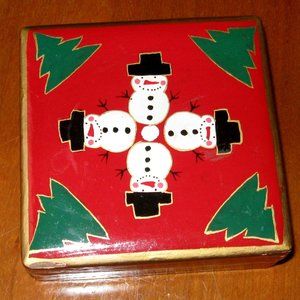 Vintage Foreside Snowman Drink Coasters Made in India w Box Holiday Christmas